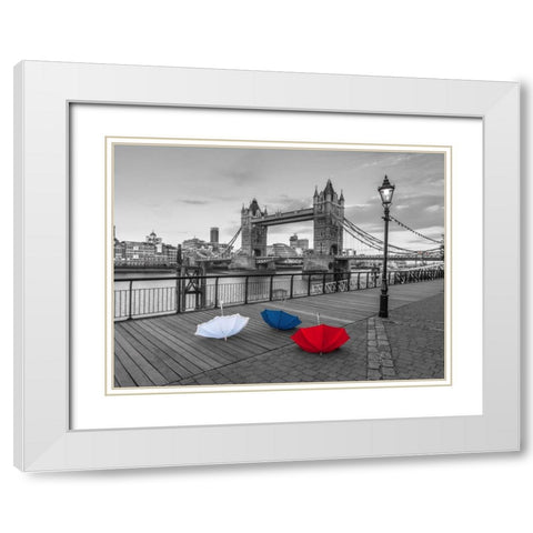 Colorful umbrellas on promenade near Tower bridge, London, UK White Modern Wood Framed Art Print with Double Matting by Frank, Assaf