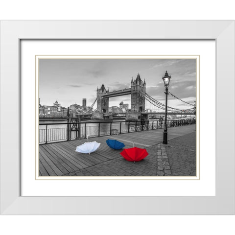 Colorful umbrellas on promenade near Tower bridge, London, UK White Modern Wood Framed Art Print with Double Matting by Frank, Assaf