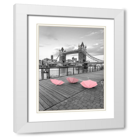 Pink umbrellas, Tower bridge, London White Modern Wood Framed Art Print with Double Matting by Frank, Assaf