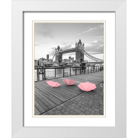 Pink umbrellas, Tower bridge, London White Modern Wood Framed Art Print with Double Matting by Frank, Assaf