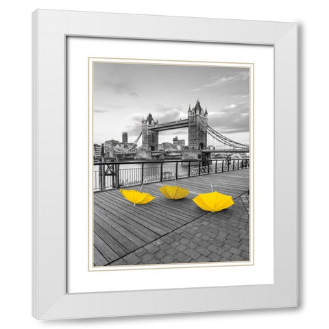 Yellow umbrellas, Tower bridge, London White Modern Wood Framed Art Print with Double Matting by Frank, Assaf