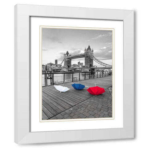 Colorful umbrellas on promenade near Tower bridge, London, UK White Modern Wood Framed Art Print with Double Matting by Frank, Assaf