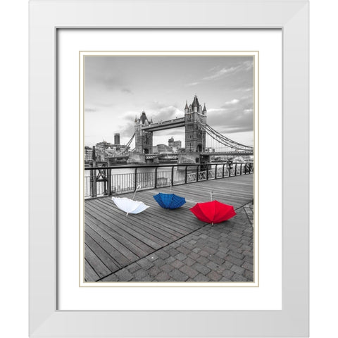 Colorful umbrellas on promenade near Tower bridge, London, UK White Modern Wood Framed Art Print with Double Matting by Frank, Assaf