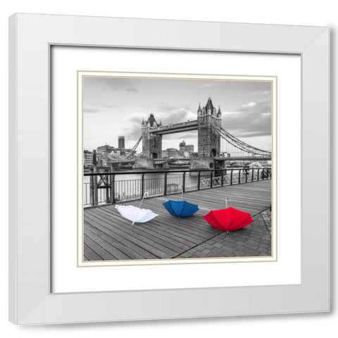 Colorful umbrellas on promenade near Tower bridge, London, UK White Modern Wood Framed Art Print with Double Matting by Frank, Assaf
