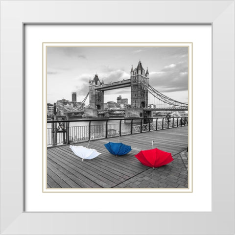Colorful umbrellas on promenade near Tower bridge, London, UK White Modern Wood Framed Art Print with Double Matting by Frank, Assaf