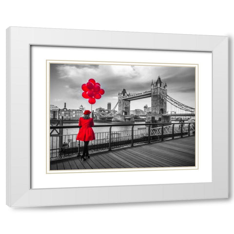 Woman with red balloons, standing on promenade near Tower Bridge, London, UK White Modern Wood Framed Art Print with Double Matting by Frank, Assaf