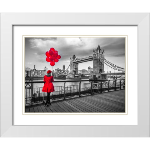 Woman with red balloons, standing on promenade near Tower Bridge, London, UK White Modern Wood Framed Art Print with Double Matting by Frank, Assaf