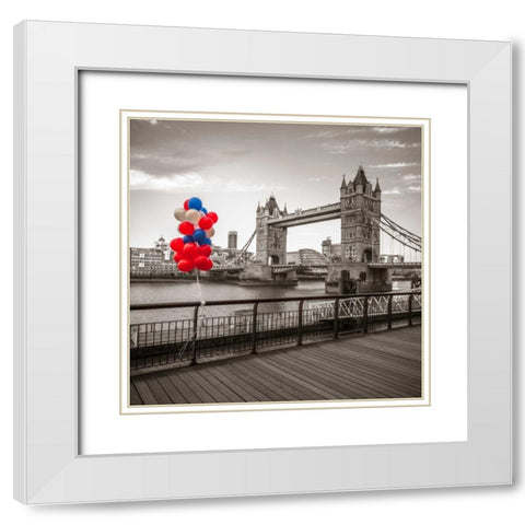 Balloons on promenade near Tower bridge, London, UK White Modern Wood Framed Art Print with Double Matting by Frank, Assaf