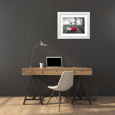 Red Hat with bunch of Roses on a bench near Tower Bridge, London, UK White Modern Wood Framed Art Print with Double Matting by Frank, Assaf