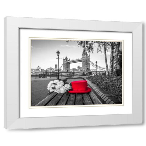 Red Hat with bunch of Roses on a bench near Tower Bridge, London, UK White Modern Wood Framed Art Print with Double Matting by Frank, Assaf