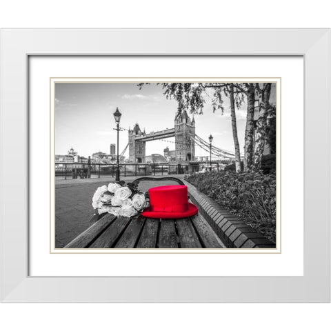 Red Hat with bunch of Roses on a bench near Tower Bridge, London, UK White Modern Wood Framed Art Print with Double Matting by Frank, Assaf