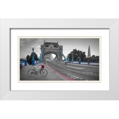 Bunch of roses on a bicycle near Tower Bridge, London, UK White Modern Wood Framed Art Print with Double Matting by Frank, Assaf