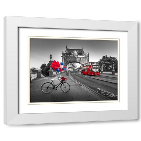 Colorful balloons and bunch of roses on a bicycle at Tower bridge, London, UK White Modern Wood Framed Art Print with Double Matting by Frank, Assaf