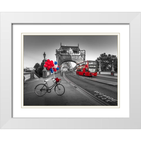 Colorful balloons and bunch of roses on a bicycle at Tower bridge, London, UK White Modern Wood Framed Art Print with Double Matting by Frank, Assaf