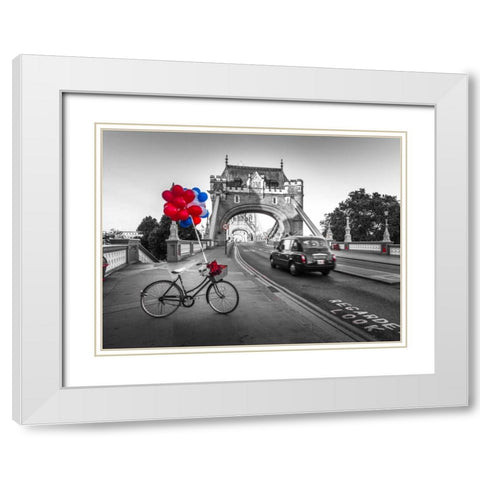 Colorful balloons and bunch of roses on a bicycle at Tower bridge, London, UK White Modern Wood Framed Art Print with Double Matting by Frank, Assaf