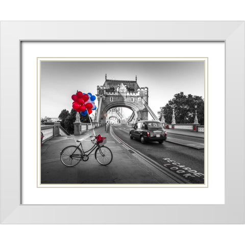 Colorful balloons and bunch of roses on a bicycle at Tower bridge, London, UK White Modern Wood Framed Art Print with Double Matting by Frank, Assaf