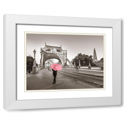Lady with a pink umbrella, Tower bridge, London White Modern Wood Framed Art Print with Double Matting by Frank, Assaf