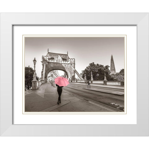 Lady with a pink umbrella, Tower bridge, London White Modern Wood Framed Art Print with Double Matting by Frank, Assaf