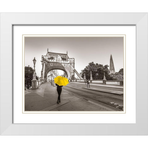 Lady with a yellow umbrella, Tower bridge, London White Modern Wood Framed Art Print with Double Matting by Frank, Assaf