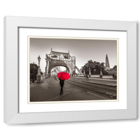 Tourist with umbrella on Tower Bridge, London, UK White Modern Wood Framed Art Print with Double Matting by Frank, Assaf