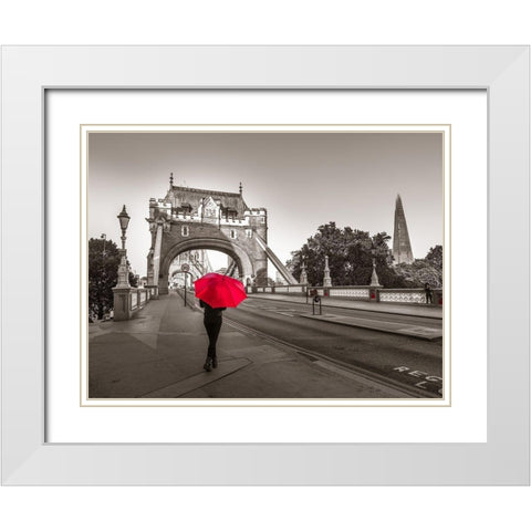 Tourist with umbrella on Tower Bridge, London, UK White Modern Wood Framed Art Print with Double Matting by Frank, Assaf