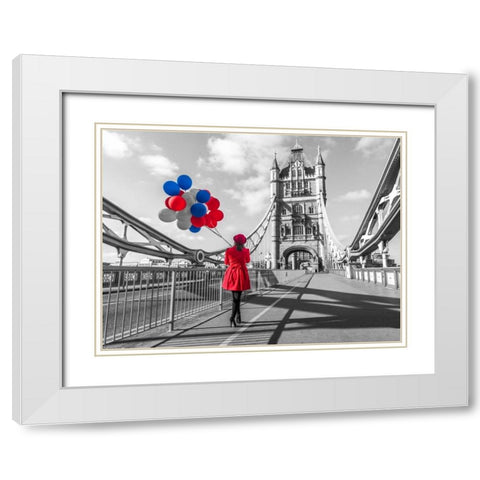 Tourist with colorful balloons on Tower Bridge, London, UK White Modern Wood Framed Art Print with Double Matting by Frank, Assaf