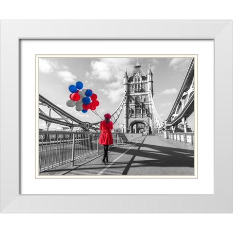 Tourist with colorful balloons on Tower Bridge, London, UK White Modern Wood Framed Art Print with Double Matting by Frank, Assaf