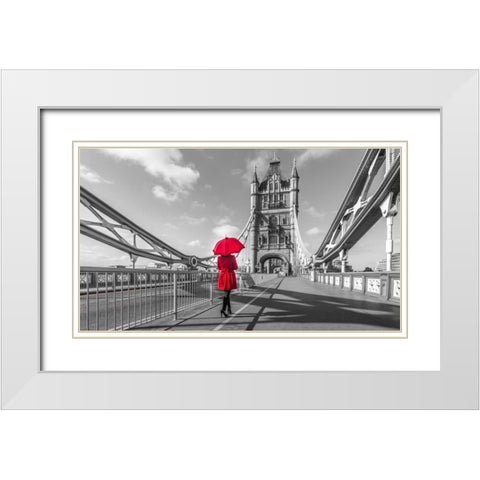 Tourist with red umbrella on Tower Bridge, London, UK White Modern Wood Framed Art Print with Double Matting by Frank, Assaf