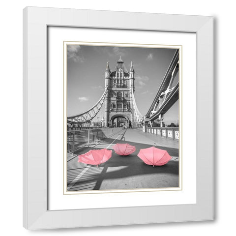 Pink umbrellas, Tower bridge, London White Modern Wood Framed Art Print with Double Matting by Frank, Assaf