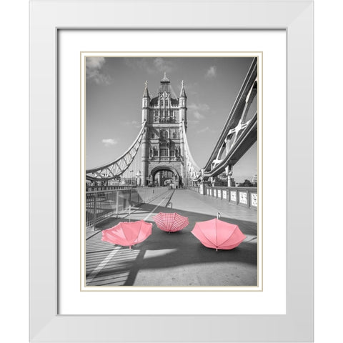 Pink umbrellas, Tower bridge, London White Modern Wood Framed Art Print with Double Matting by Frank, Assaf