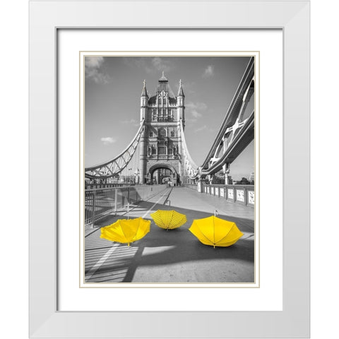 Yellow umbrellas, Tower bridge, London White Modern Wood Framed Art Print with Double Matting by Frank, Assaf