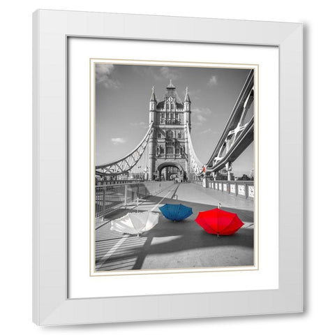 Colorful umbrellas on Tower bridge, London, UK White Modern Wood Framed Art Print with Double Matting by Frank, Assaf