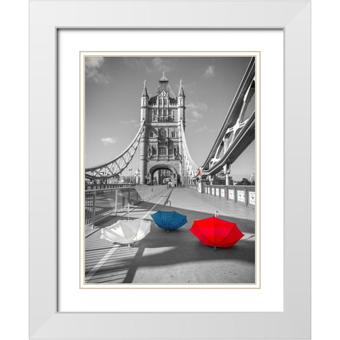 Colorful umbrellas on Tower bridge, London, UK White Modern Wood Framed Art Print with Double Matting by Frank, Assaf