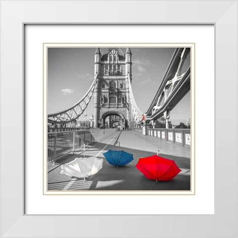 Colorful umbrellas on Tower bridge, London, UK White Modern Wood Framed Art Print with Double Matting by Frank, Assaf
