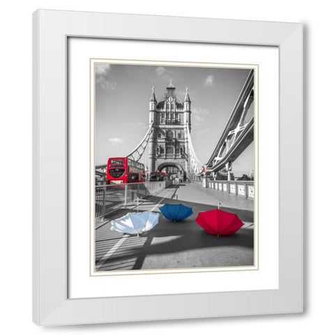 Colorful umbrellas on Tower bridge, London, UK White Modern Wood Framed Art Print with Double Matting by Frank, Assaf