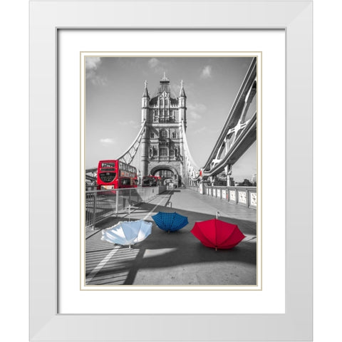 Colorful umbrellas on Tower bridge, London, UK White Modern Wood Framed Art Print with Double Matting by Frank, Assaf
