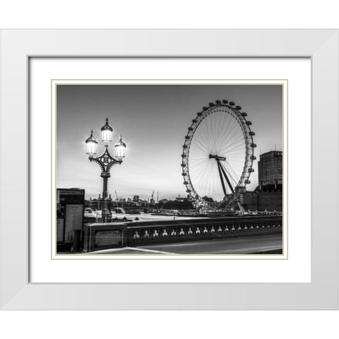 Street lamp on Westminster Bridge with London Eye in background, London, UK White Modern Wood Framed Art Print with Double Matting by Frank, Assaf
