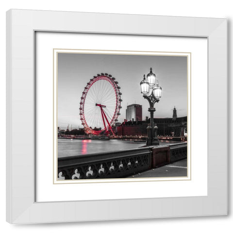 Street lamp on Westminster Bridge with London Eye in background, London, UK White Modern Wood Framed Art Print with Double Matting by Frank, Assaf