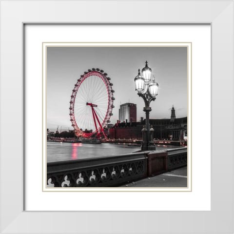 Street lamp on Westminster Bridge with London Eye in background, London, UK White Modern Wood Framed Art Print with Double Matting by Frank, Assaf