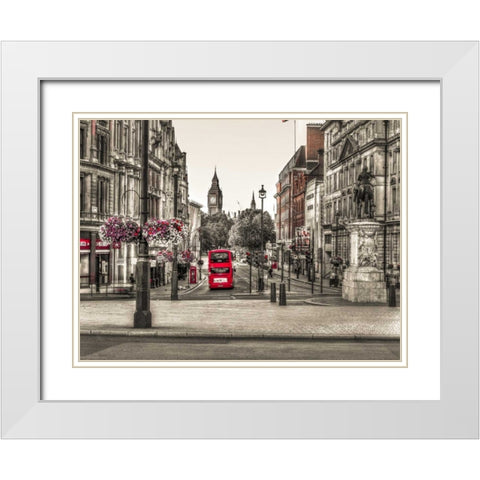 Streets of London city with double decker bus, UK White Modern Wood Framed Art Print with Double Matting by Frank, Assaf