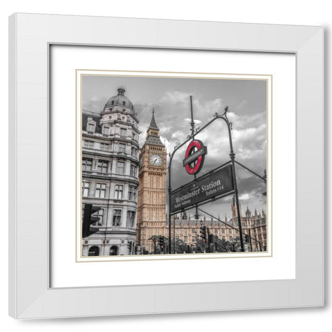 Westminster subway station signboard with Big Ben, London, UK, FTBR-1918 White Modern Wood Framed Art Print with Double Matting by Frank, Assaf