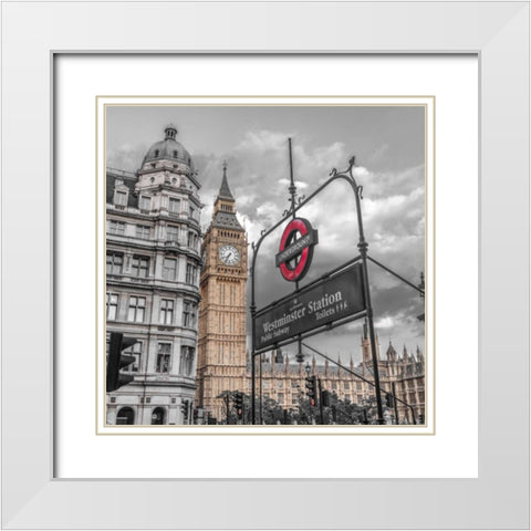 Westminster subway station signboard with Big Ben, London, UK, FTBR-1918 White Modern Wood Framed Art Print with Double Matting by Frank, Assaf