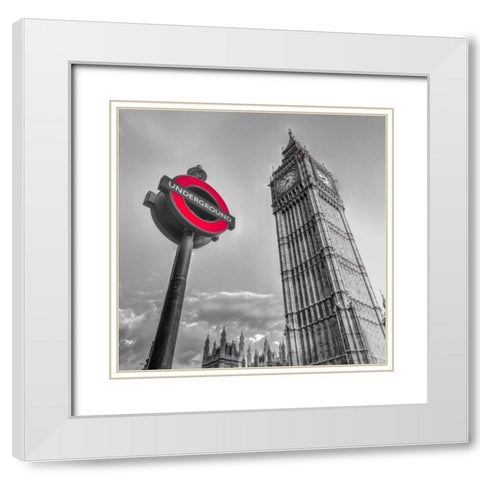 Underground sign with Big Ben, London, UK, FTBR-1810 White Modern Wood Framed Art Print with Double Matting by Frank, Assaf