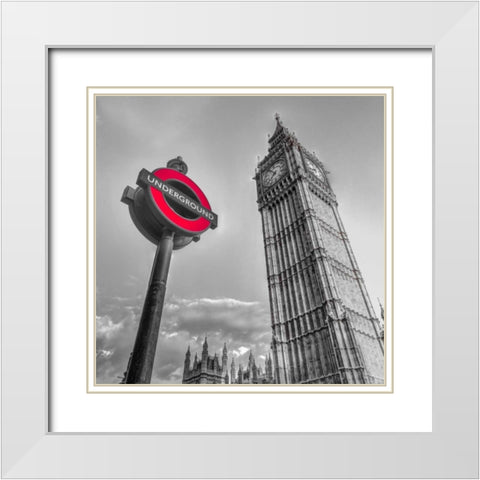 Underground sign with Big Ben, London, UK, FTBR-1810 White Modern Wood Framed Art Print with Double Matting by Frank, Assaf