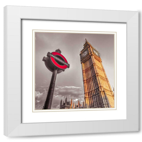 Underground sign with Big Ben, London, UK, FTBR-1906 White Modern Wood Framed Art Print with Double Matting by Frank, Assaf