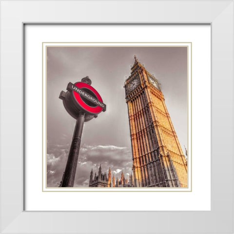 Underground sign with Big Ben, London, UK, FTBR-1906 White Modern Wood Framed Art Print with Double Matting by Frank, Assaf