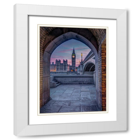 View of Westminster Abby and Big Ben from Thames promenade arch, London, UK White Modern Wood Framed Art Print with Double Matting by Frank, Assaf
