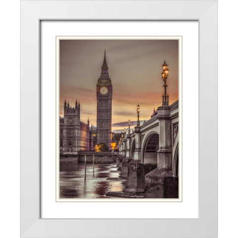 Westminster bridge and Big Ben from Thames promenade, London, UK, FTBR-1826 White Modern Wood Framed Art Print with Double Matting by Frank, Assaf