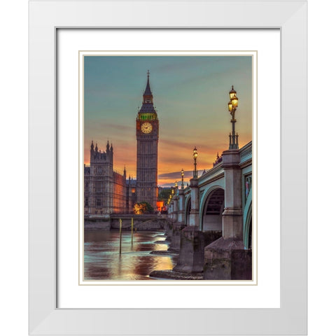 Westminster bridge and Big Ben from Thames promenade-London-UK White Modern Wood Framed Art Print with Double Matting by Frank, Assaf