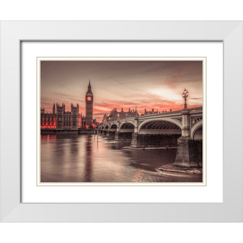 Westminster bridge and Big Ben from Thames promenade, London, UK White Modern Wood Framed Art Print with Double Matting by Frank, Assaf